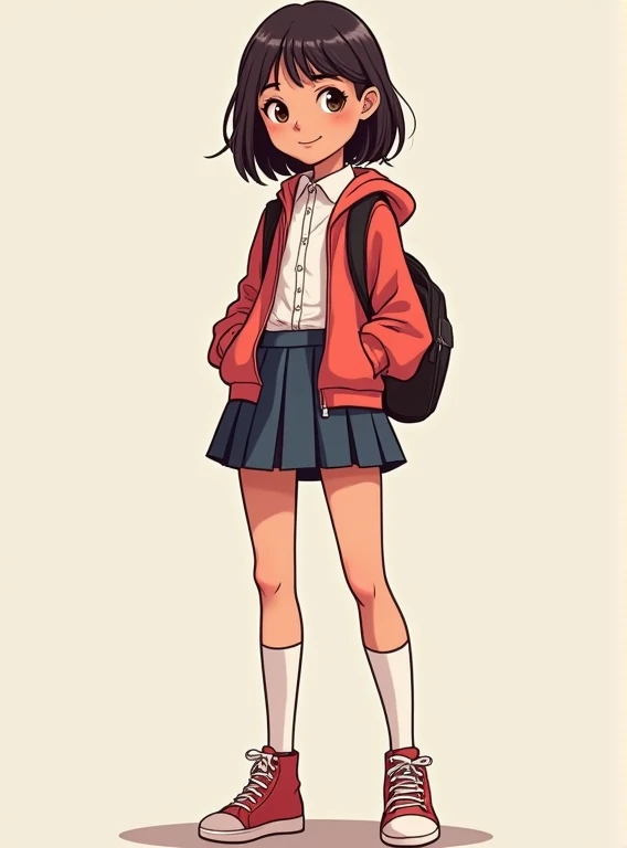 make me a 12 year old girl, full body image with student clothes. in cartoon style, NOTHING REALISTIC ABOUT SCHOOL CLOTHES]



