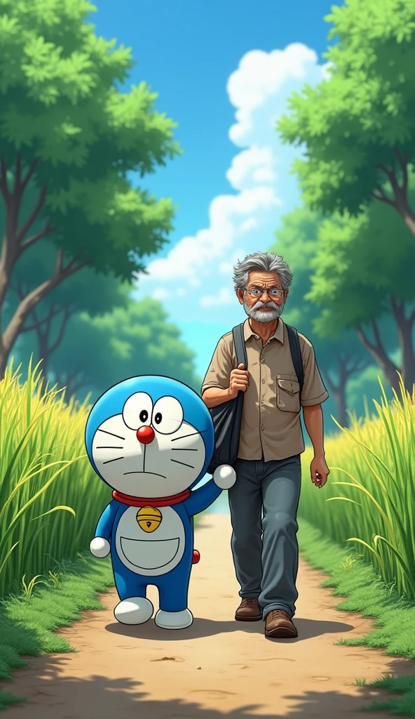 Doraemon and the 40-year-old farmer walk on the road, with 3D trees and rice plants with detailed lines on either side.