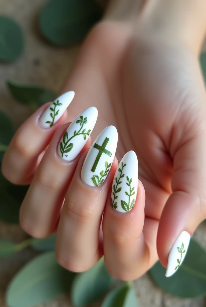 White Gel Nails. 1,5 cm. Green embellishments in the form of vines and flowers . Plant Christian cross also