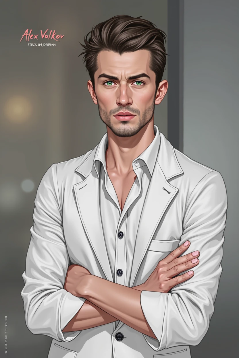 Alex volkov from twisted love, 25 year old, Russian man, green jade eyes, brown slick hairs, sharp features with sharp jawline, roman nose, stubble beard, a frown on his face, serious, handsome, , lean and we'll built, wearing an expensive nine piece suit, hot, masculine, sharp seductive eyes