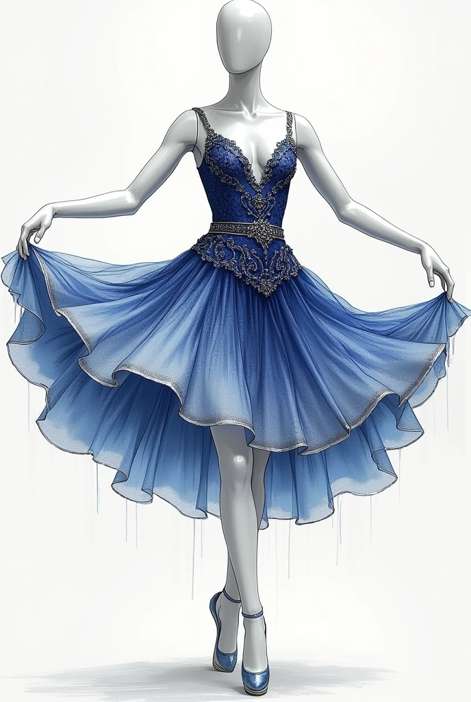 Short dancer dress, navy blue white and silver sketch, civic parade beacon mannequin with glitter