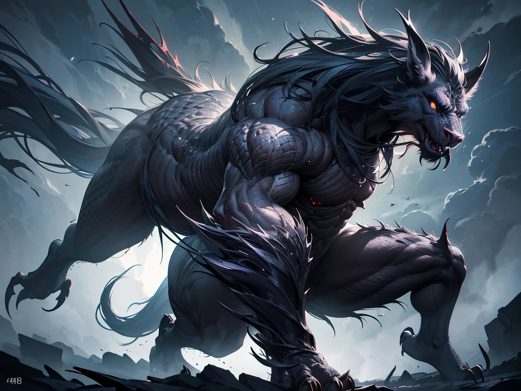A mythical creature, highly detailed, intricate, dark, foreboding, photorealistic, dramatic lighting, brooding atmosphere, intense gaze, sharp claws, powerful muscles, gothic, cinematic, (best quality,4k,8k,highres,masterpiece:1.2),ultra-detailed,(realistic,photorealistic,photo-realistic:1.37),hyper realistic,chiaroscuro,moody,dramatic,intricate textures,dynamic pose,intimidating presence,mythical beast,fearsome,awe-inspiring,cinematic lighting