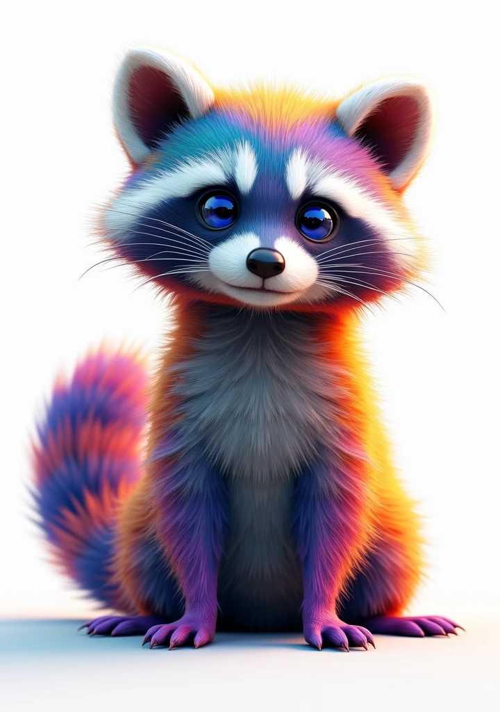 A mesmerizing, captivating 3D render photograph of a cute, extra fluffy baby raccoon in vibrant colors and intricate detail. The raccoon's fur is a stunning blend of blues, purples, yellows, oranges, and reds, with each strand appearing fluid and intertwined, creating a mesmerizing effect. The raccoon's deep blue eyes lock onto the viewer, inviting them into its world. The background is a crisp white, drawing attention to the raccoon's vivid colors and making it the central focus of the image. This photograph is a stunning example of conceptual art, bringing the concept of a vibrant, magical raccoon to life., 3d render, vibrant, photo, conceptual art