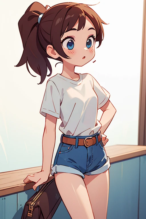 1girl, ponytails, denim shorts, shorts rolled, white shirt, belt