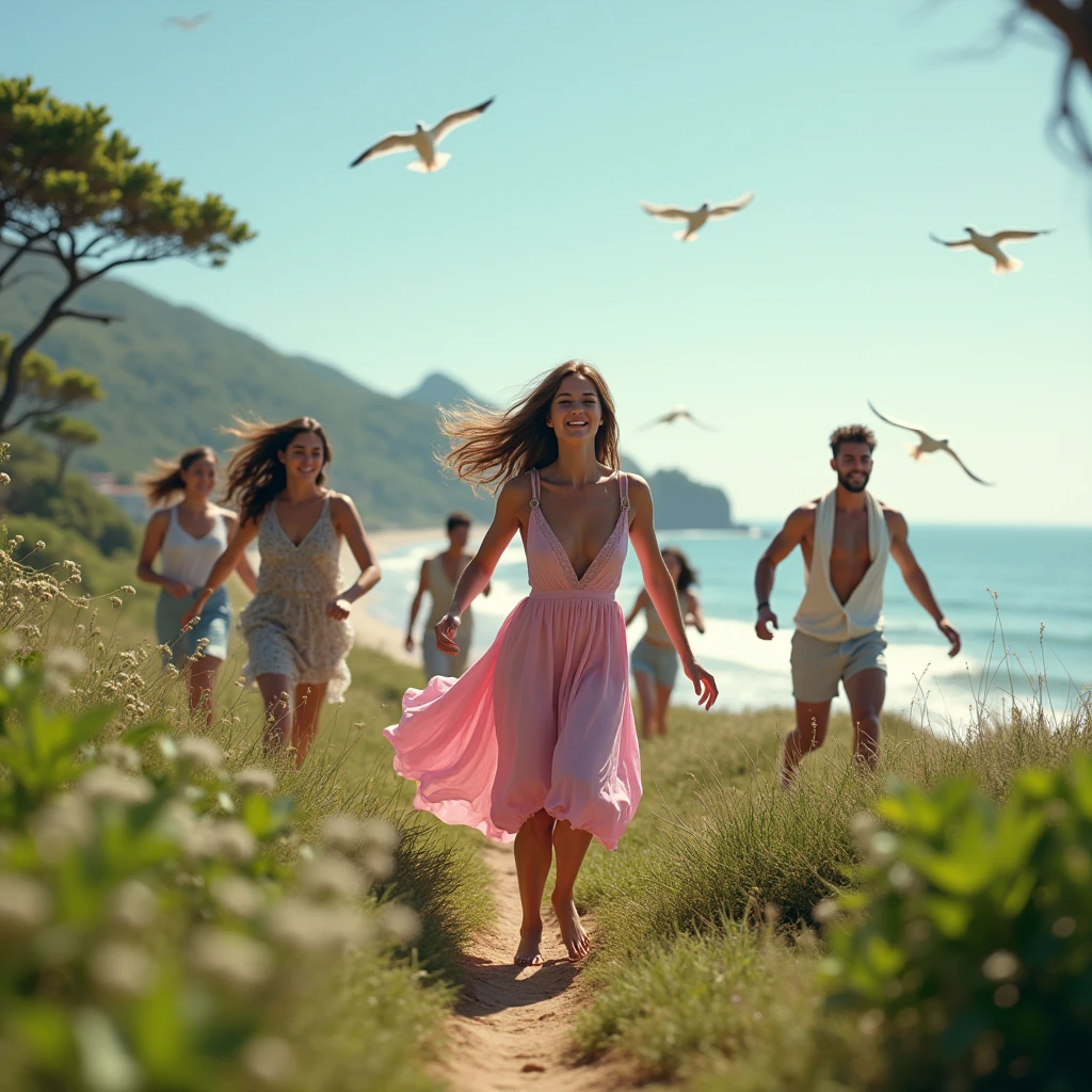 Beautiful girl with wavy long hair, bohemian, runing with other friends ,pink dress, sea, walking ,wide angle, birds flying ,watching each other around of tree (high-quality) ( 4k) (hd) 23 mb minimum 