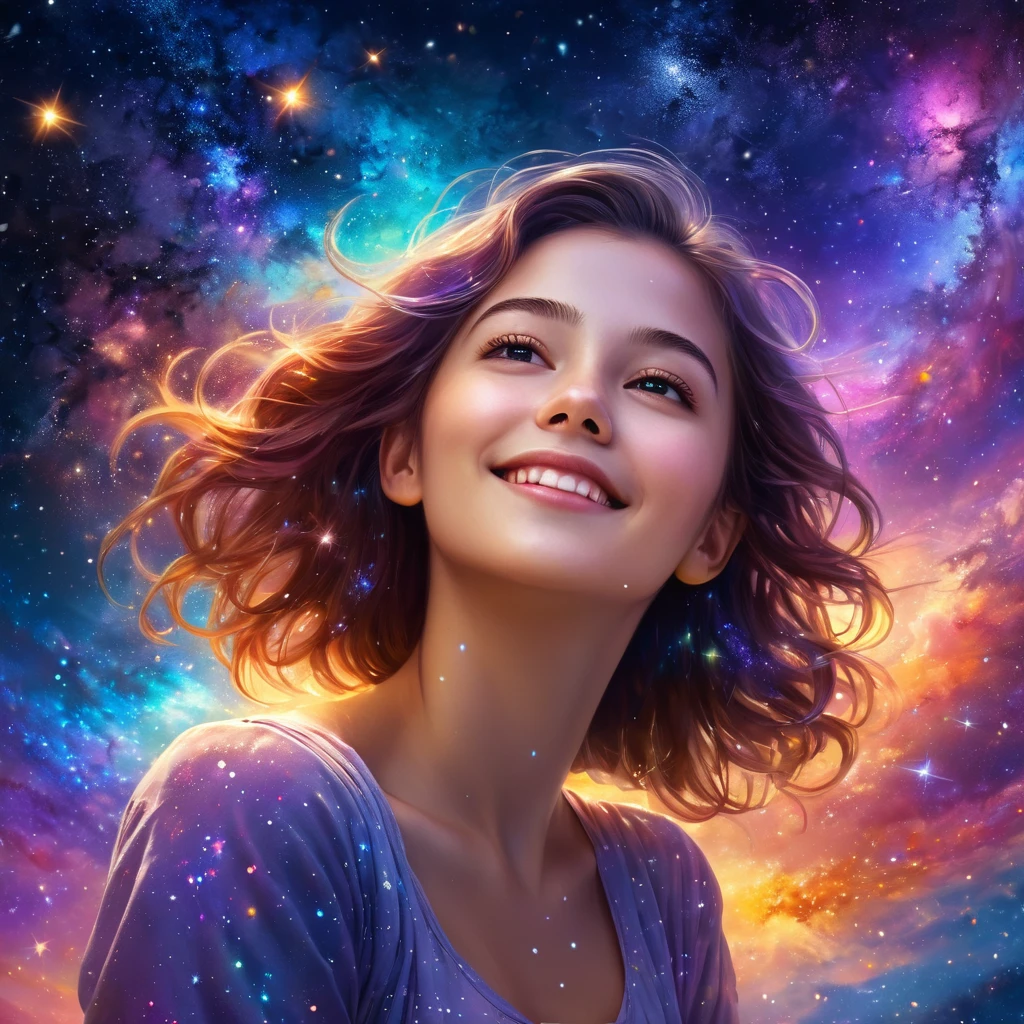 High Detail, Super Detail, Ultra-high resolution, Girl enjoying time in fantasy galaxy, Surrounded by stars, The warm light shines on her, Background is starry sky,There are colorful galaxies and galaxy clouds, Stars flew around her, Delicate face, Add a fun atmosphere ,