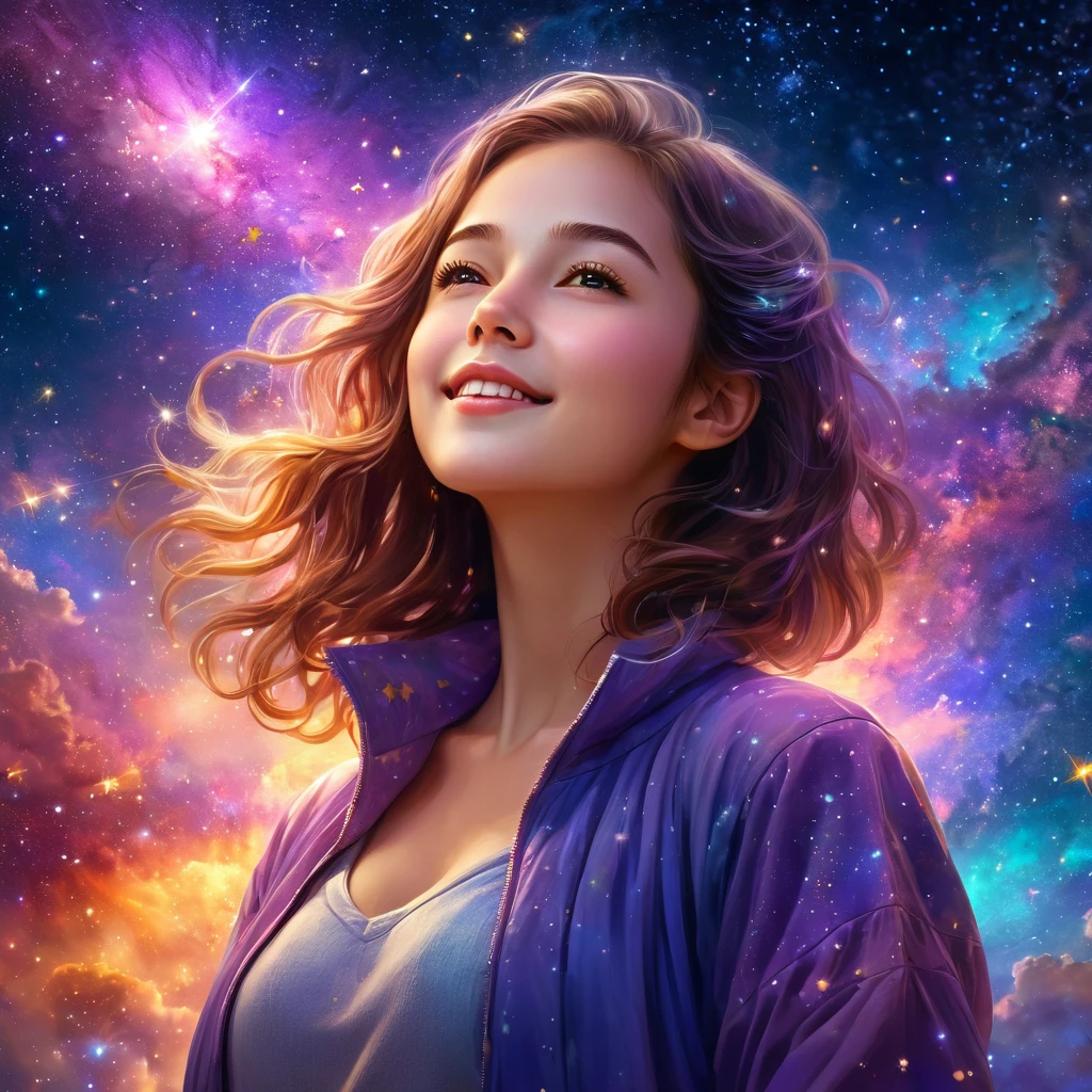 High Detail, Super Detail, Ultra-high resolution, Girl enjoying time in fantasy galaxy, Surrounded by stars, The warm light shines on her, Background is starry sky，There are colorful galaxies and galaxy clouds, Stars flew around her, Delicate face, Add a fun atmosphere , 