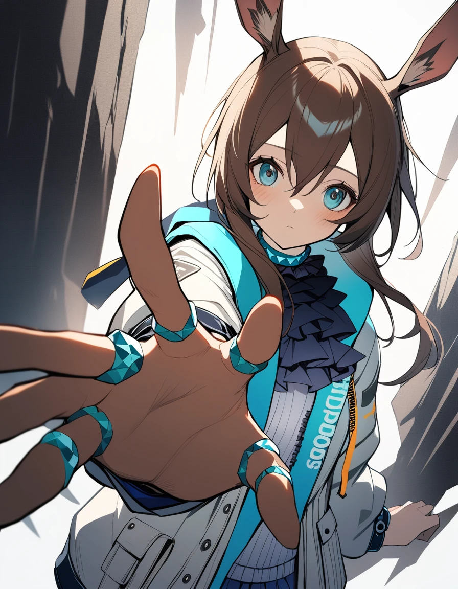 1 girl, Amiya \(Arknights\), Arknights, dirty faced, Outstretched hand, close up, cinematic angle, foreshortening, tenebrosa, tenebrosa background, work of art, best quality without clothes