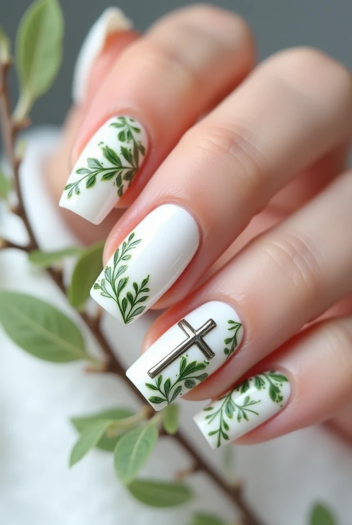 White Gel Nails. 1,5 cm. Green embellishments in the form of vines and flowers . Plant Christian cross also