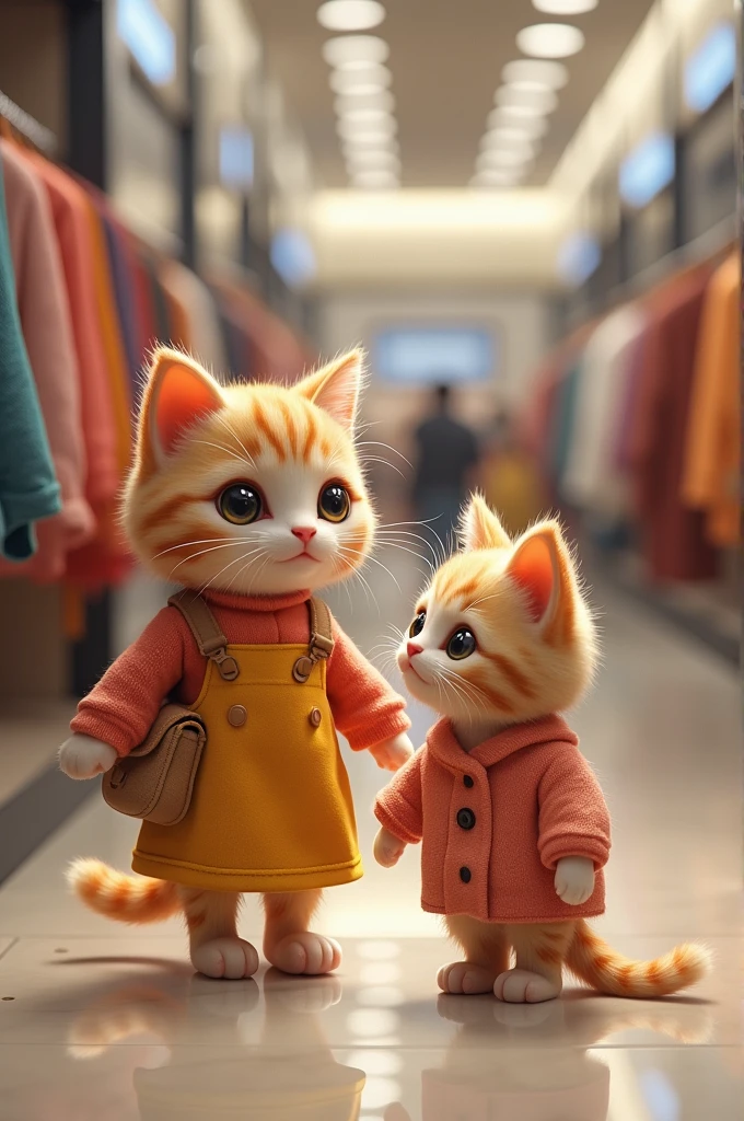 Mother cat and kitten ai generated  she is going mall shopping and seeing clothes but clothes very expensive little kitten is sad she needs clothes 
