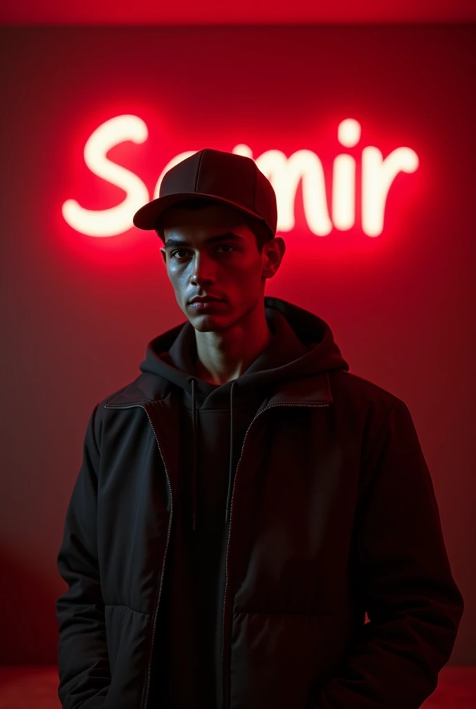 The young boy 20 year
with cap and jacket one the room background write name samir red light
whole black
