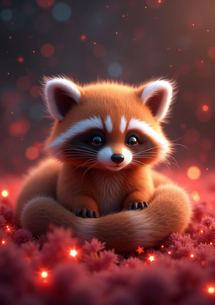 A captivating and adorable 3D render of a fluffy raccoon, known as a Japanese Carmine, with a touch of Kenyan Copper in its fur. The raccoon is nestled in a bed of twinkling red stars, creating a magical and whimsical atmosphere. The background shows a cosmic scene with galaxies and stars, giving the image a conceptual art feel. The overall composition is visually appealing and evokes a sense of wonder and enchantment., 3d render, conceptual art, photo