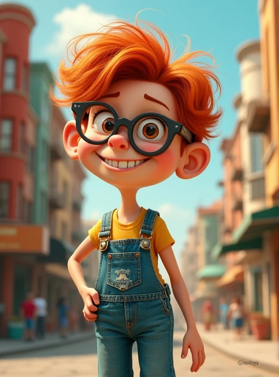 Create a redhead character wearing a overall an glasses in the Rubber hose style