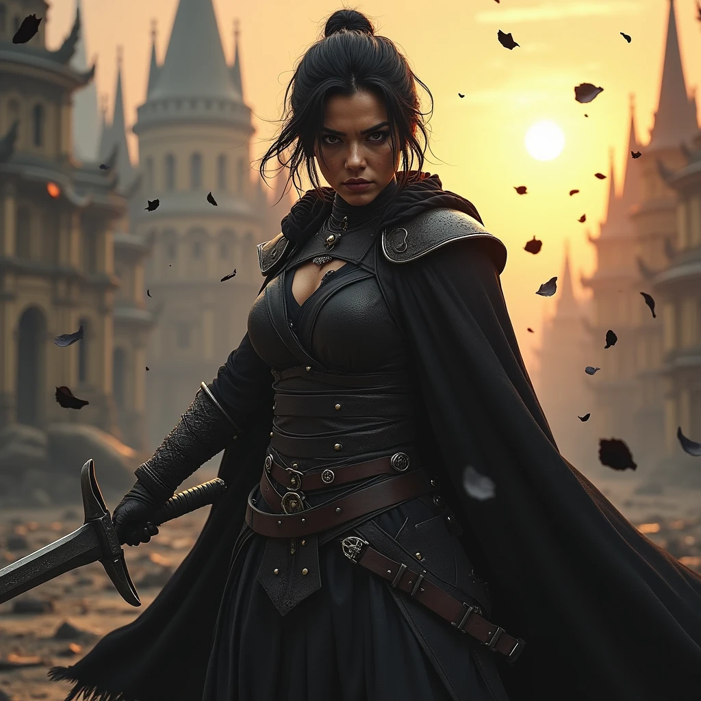 1 warrior women with several scars, expressive black eyes, black short hair, dressed with a black cape, using his massive two hand sword ,fighting pose ,black petals fall from the sky in big medieval city in sunset in background, detail richness, masterpiece, best quality, realistic rendering