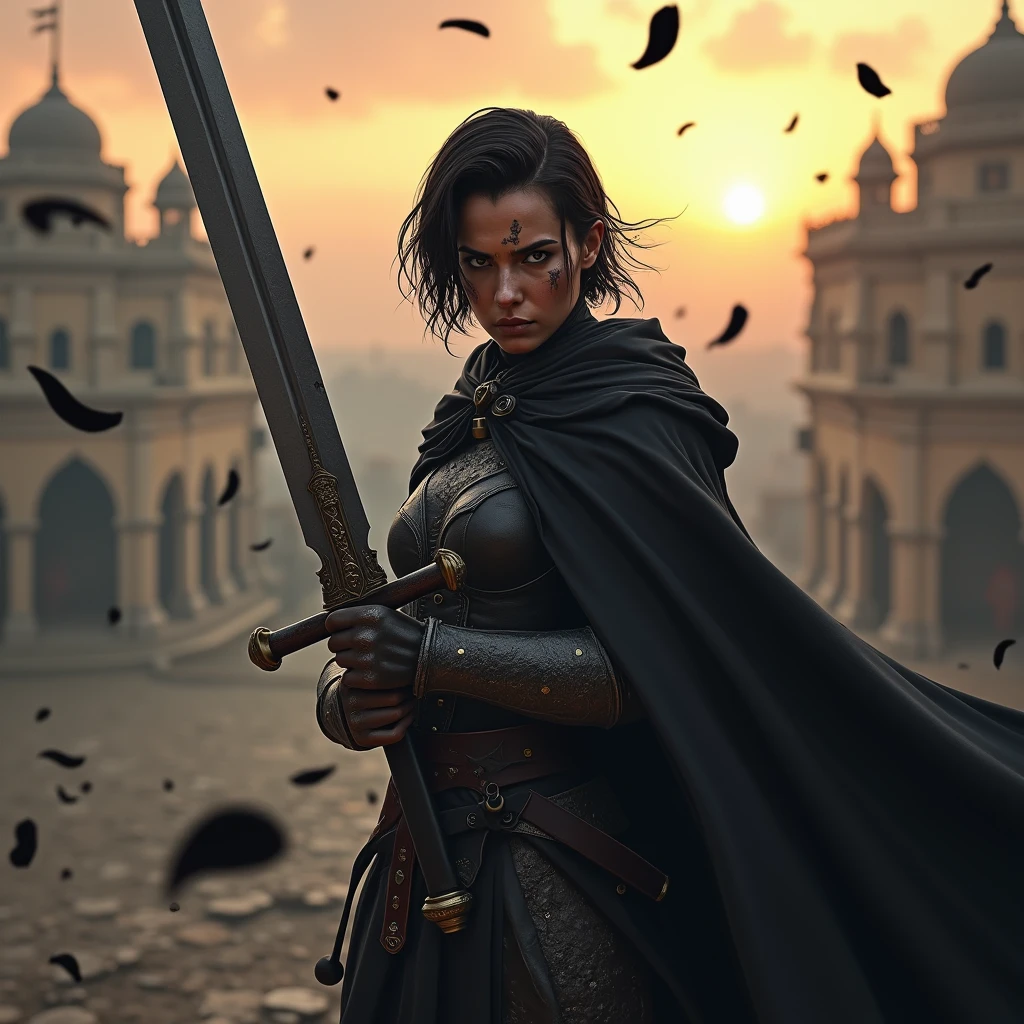 1 warrior women with several scars, expressive black eyes, black short hair, dressed with a black cape, using his massive two hand sword ,fighting pose ,black petals fall from the sky in big medieval city in sunset in background, detail richness, masterpiece, best quality, realistic rendering