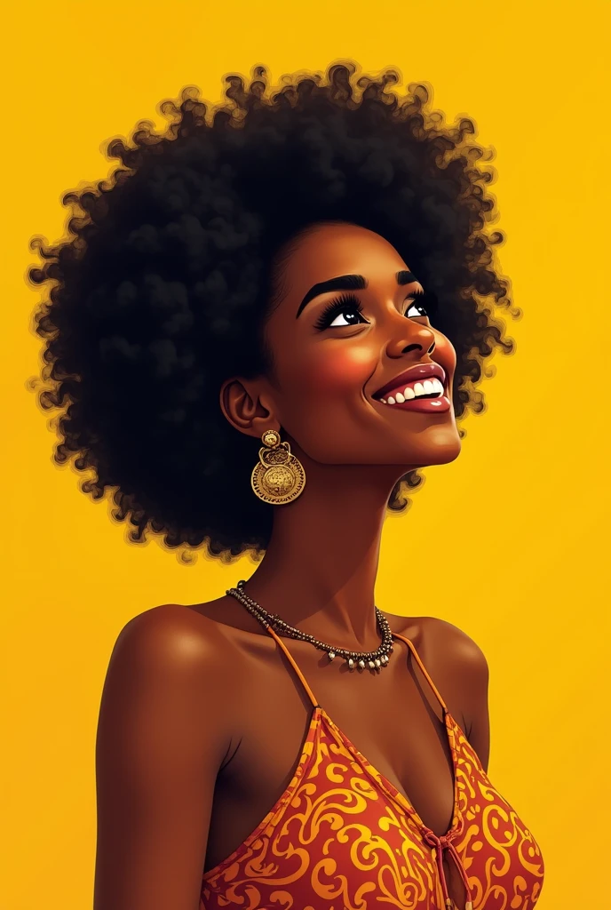 Beautiful smiling Colombian Afro Palenquera woman in profile looking up in vector style with yellow background