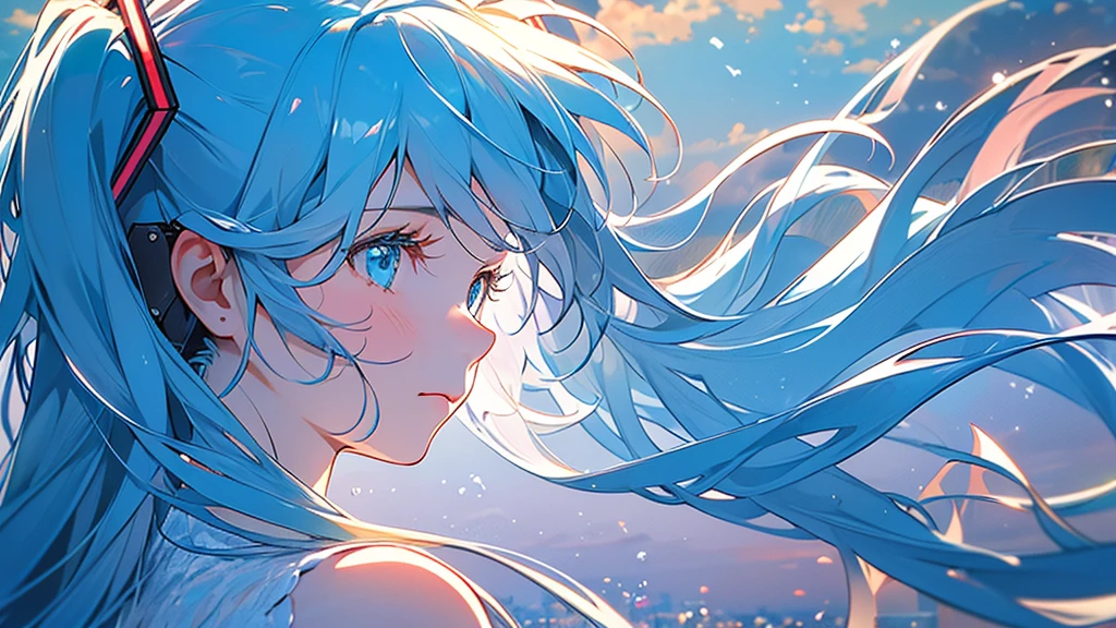 (masterpiece,best quality:1.4), high resolution,super fine illustration, detailed skin, detailed face, detailed eyes,"Describe a serene scene of Hatsune Miku gazing up at the sky at dawn, with soft rays of sunlight filtering through the clouds.The atmosphere is calm and peaceful, with a gentle breeze rustling through the city. Hatsune Miku's hair and dress flow gracefully in the wind, and there is a sense of tranquility and sadness in her expression."
