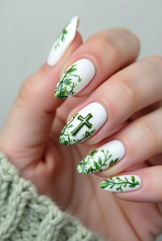 White Gel Nails. 1,5 cm. Green embellishments in the form of vines and flowers . Plant Christian cross also