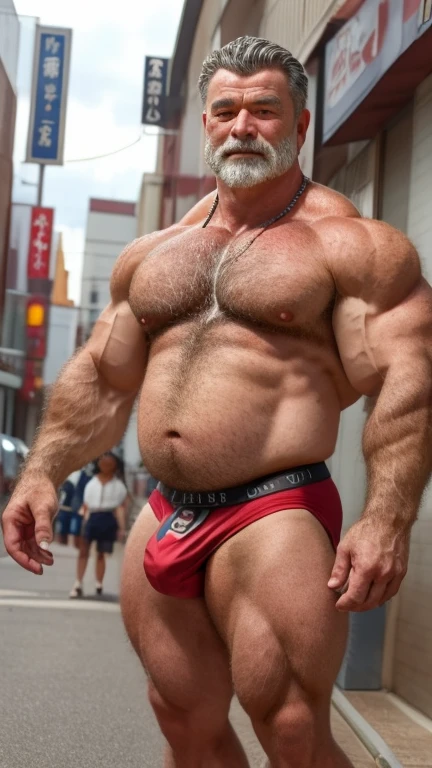 An older Japanese male bodybuilder with his upper body naked。Big muscles。Big Belly。thick limbs。
A standing posture that shows the whole body。
極端に短いGray-hairedの顎髭。
極端に短いGray-hairedの髪。
The man is only wearing red bikini briefs.。
The crotch of the red bikini briefs is very large and round and bulging。
Sun-tanned hairy skin。
男性はThe whole body is hairy。Full body covered in hair。Gray-hairedの胸毛。Gray-hairedの腹毛。Gray-hairedの下腹部の毛。Arm hair。Leg hair。Thigh hair。shin hair。
A symmetrical Japanese face。round face。The gentle face of the Japanese。Gentle face of Japan man。The gentle expression of a Japanese person。single eyelid。Kind eyes。Small eyes。Round Nose。Big Nose。Small Mouth。Small lips。
Statue。Low - Angle。Full body portrait。Gray-haired。The whole body is hairy。
Maximum number of pixels。Highest quality。ピントがきちんと合ったHighest qualityの写真画質。
