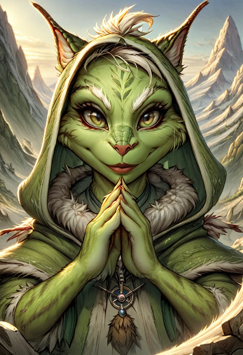 Anthropomorphic female grinch grasshopper mage. Official Art – Charecter profile. An Award-Winning Digital Masterpiece In 4K Ultra HD, Extreme Detail And Intricate Realism. Symmetrical Face. This Concept Art Brought To Life By The Hands Of Artists Like Wlop & Artgerm In A Stunning 2D Vector Illustration.Background Is A Panoramic Vista.
