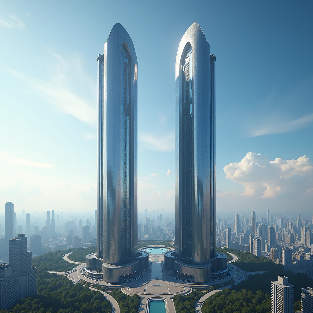 Two futuristic towers made of shining steel that stand out against the backdrop of a city with the skyline and sun on the left of the image and a blue sky 