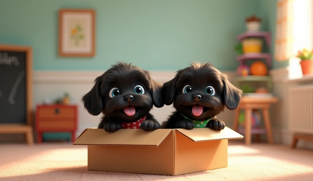 2 adorable black shih tzu puppies with big blue eyes wearing colorful collars and bandanas playing in moving box in an empty Disney room 3D Pixar style