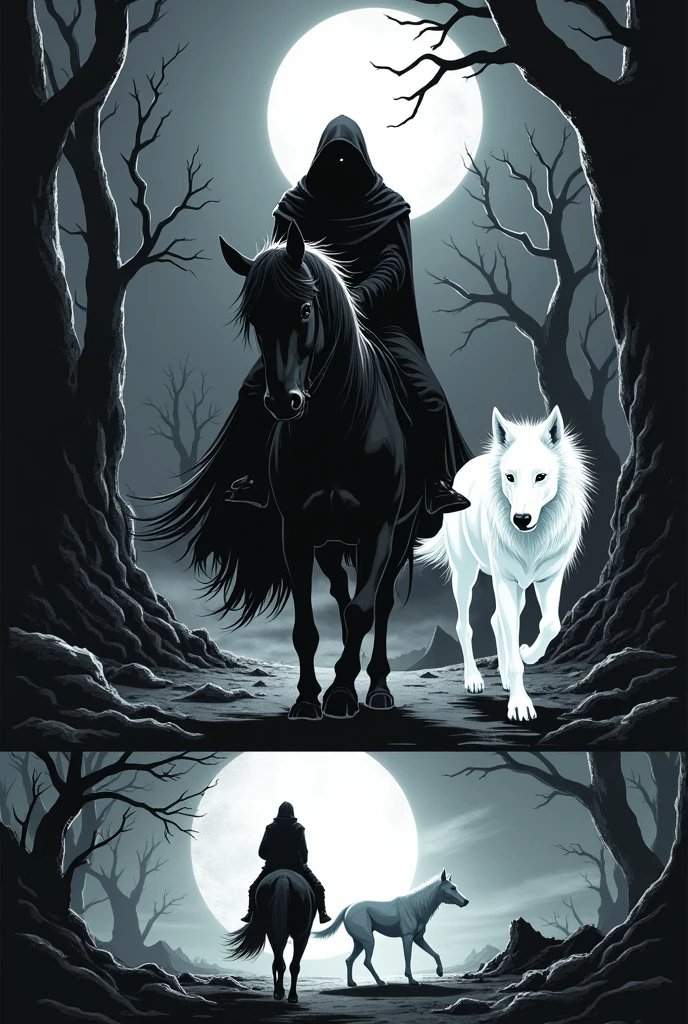 make comic panels in black and white.  The Rider and his Ghost Dog