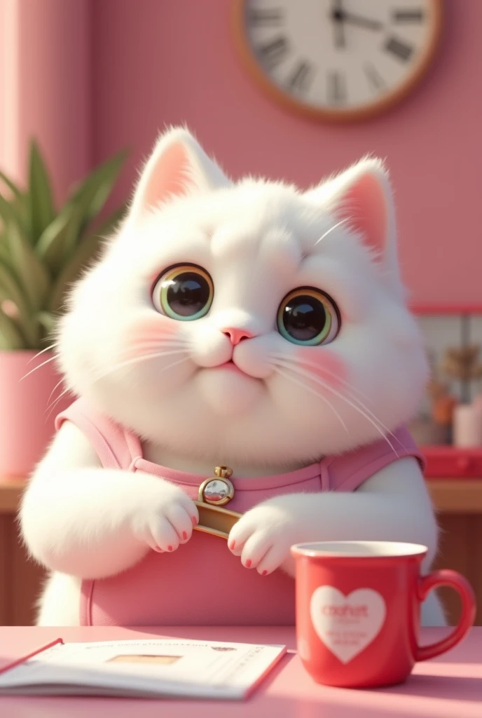 a close-up of a white mochicat with a pink apron holding a nail file, doing nails in a pink nail studio, a red coffee mug with a heart design on the desk