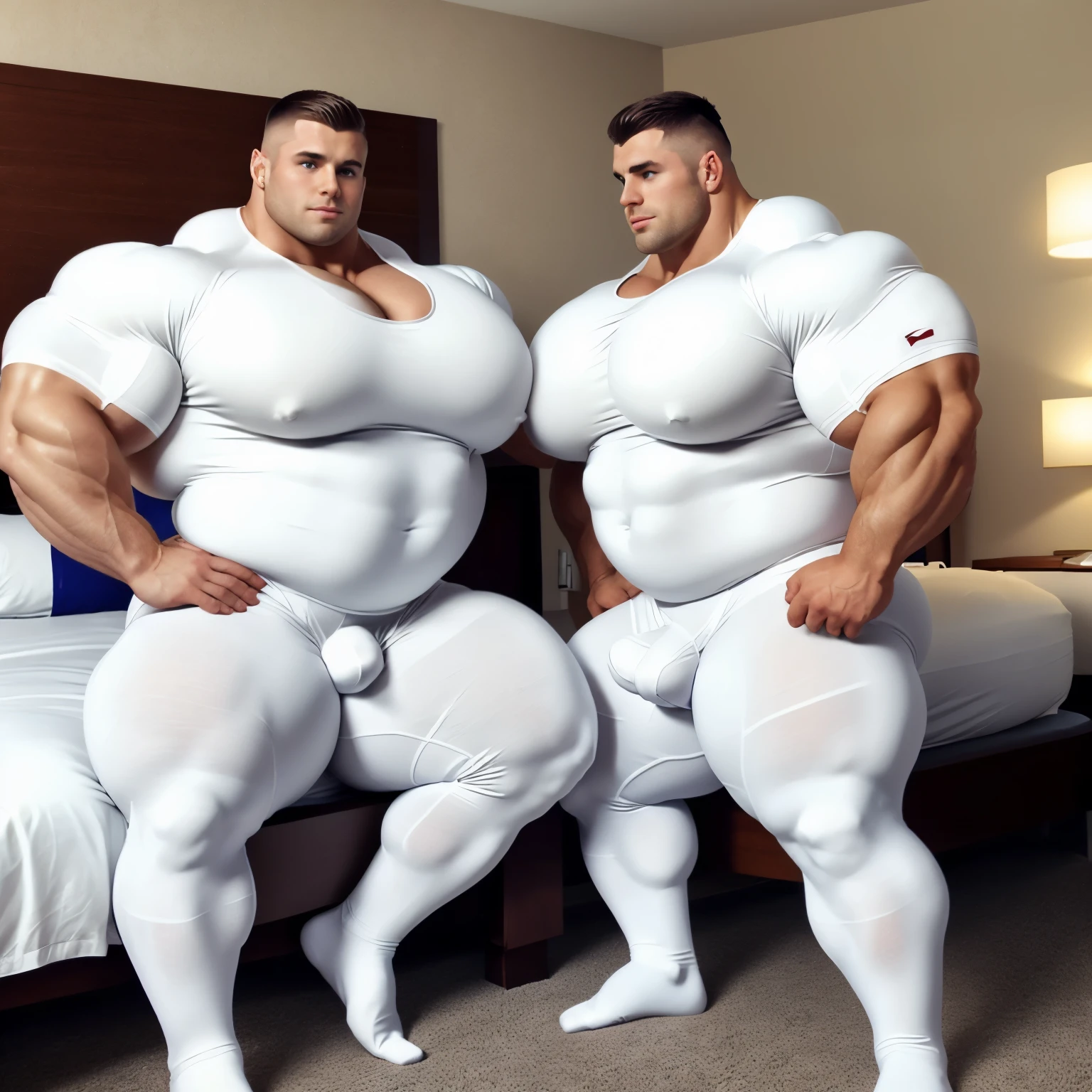 full body view, two young famous white european handsome bodybuilt athletes males with clean shaved styled undercut haircuts in white tight lycra fullsuit, white lycra socks, no shoes, admiring each other's monstuously over-inflated bloated round swollen pecs, cudling, looking horny, bulges and pecs are touchin and pressing. in motel bedroom. Their white socks are visible