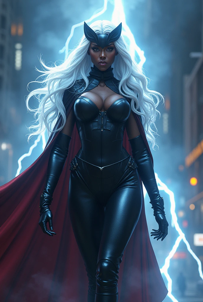 a stunningly beautiful african american woman with long flowing white hair, wearing a sleek black bodysuit, a flowing cape headpiece, and thigh-high boots and gloves, depicting a powerful goddess-like mutant figure harnessing lightning, (best quality,4k,8k,highres,masterpiece:1.2),ultra-detailed,(realistic,photorealistic,photo-realistic:1.37),detailed facial features, piercing eyes, exaggerated anatomy, dramatic lighting, cinematic composition, vibrant colors, moody atmosphere, x-men inspired