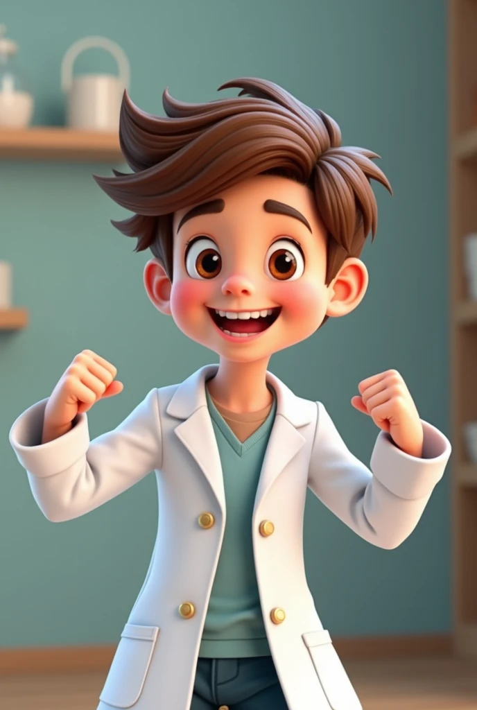 Boy with Disney movie features, brown hair wearing a pharmacist's coat showing off his happy muscle