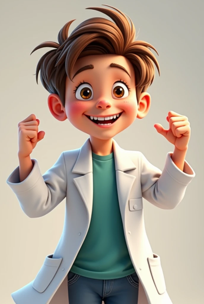Boy with Disney movie features, brown hair wearing a pharmacist's coat showing off his happy muscle