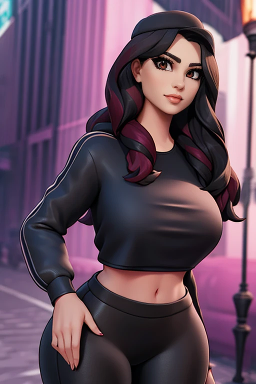 , Ruby fortnite, bone preto, black blouse, BLACK leggings, bare abdomen, face detailed, face perfect, detailedeyes, eyes browns, neckleace, maroon hair, giorno, curvilinear, standing alone, long  hair, dark black hair, black blouse,  black pants, massive  breasts 