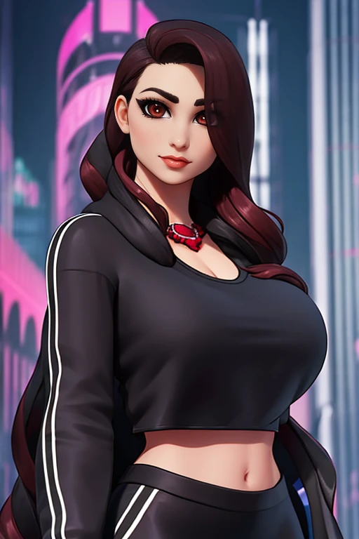 , Ruby fortnite, bone preto, black blouse, BLACK leggings, bare abdomen, face detailed, face perfect, detailedeyes, eyes browns, neckleace, maroon hair, giorno, curvilinear, standing alone, long  hair, dark black hair, black blouse,  black pants, massive  breasts 