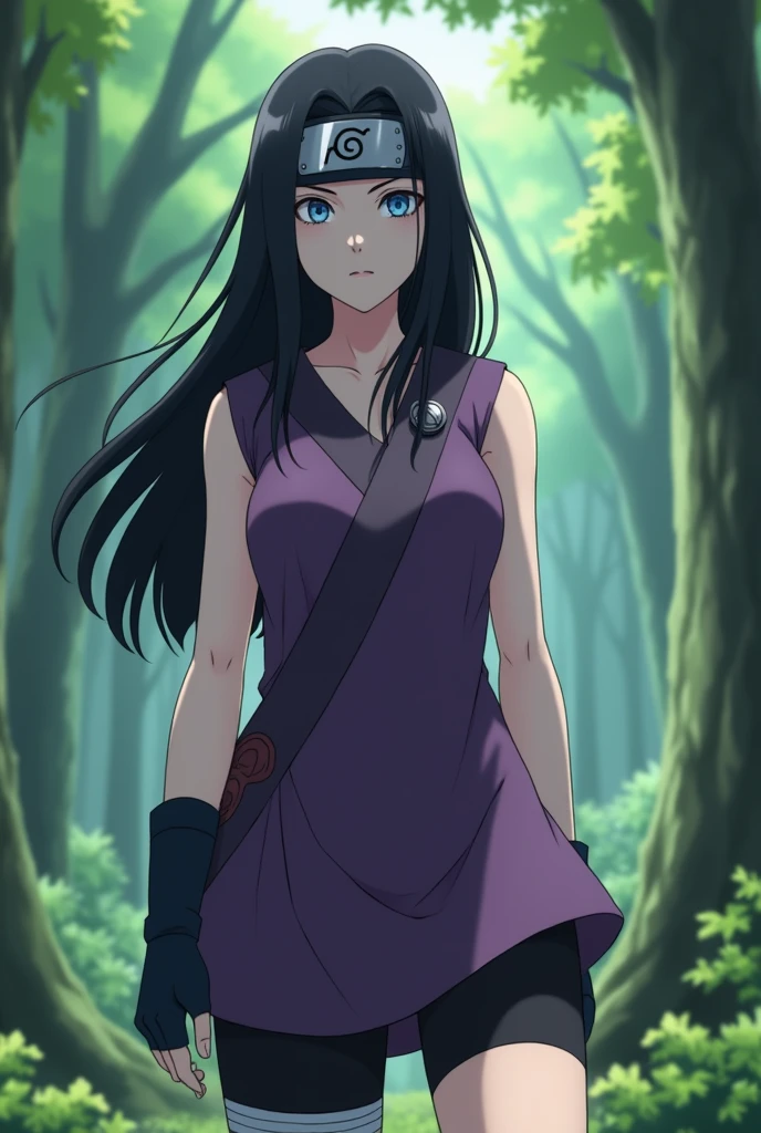 Screenshot, naruto anime style, a girl woman, pale white skin, medium height, blue eyes, black hair, long, loose, no bangs, ninja clothes linda, violet short dress and black shorts, with ninja band, In a forest
