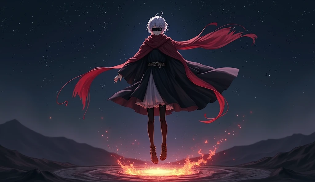yorha no.9 Type S, 9s, 1boy, with short silver hair and a black blindfold over his eyes, levitating above the ground in the air under a starry night sky, a faint luminous aura surrounding him, of simple black and white medieval men's clothing, a long, fiery red scarf with an aura of fire and swaying in the wind