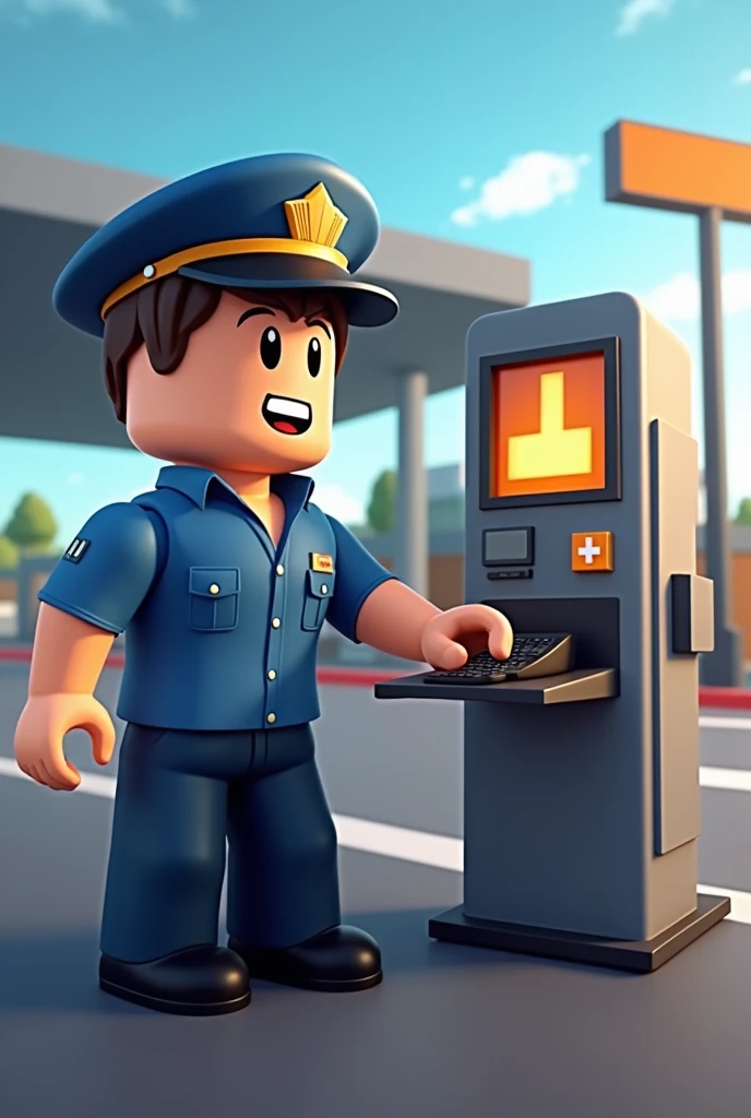Create an icon for my Roblox game about a toll booth simulator and put a Roblox character working in it with a GFX style.