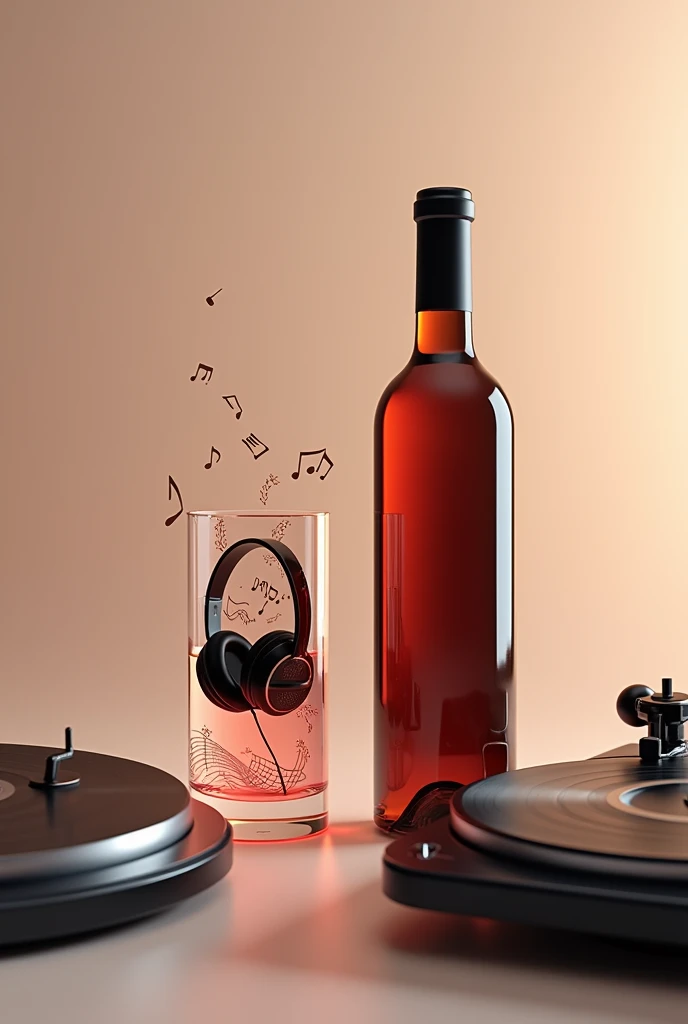 a bottle of wine
a pair of headphones inside a glass filled with musical notes
A pair of turntables