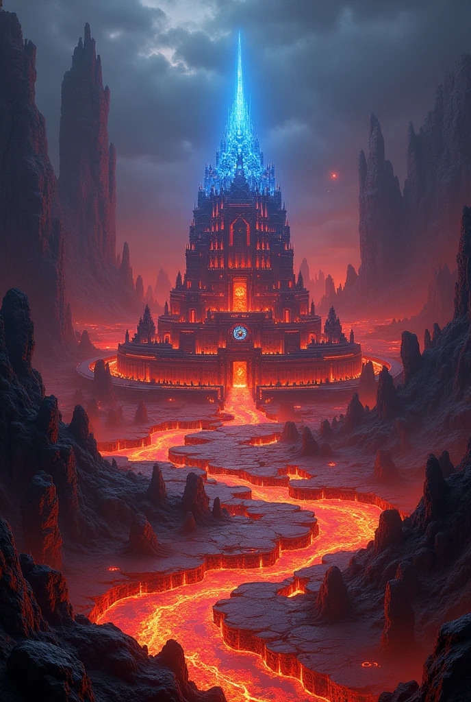 A fire and lava temple with its town, residing in between obsidian and volcanic rocs. Red and blue flames and lava, adorn the summerian buildings. There is a fire forest as well, with flame-plants.