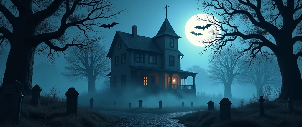 Spooky Halloween background: full moon illuminating a haunted house, bats flying overhead, dark twisted trees and a foggy graveyard, realistic textures and eerie lighting.