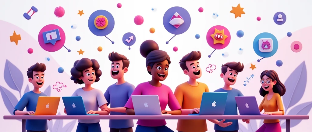 want a banner for your website that showcases learning and designing concepts related to Figma, LinkedIn, and Canva. Here's an idea:

Image description: A colorful banner featuring a group of small 3D cartoon humans engaged in various design-related activities, such as:

- One character designing a logo on Canva
- Another character creating a wireframe on Figma
- A third character networking on LinkedIn
- Others collaborating, brainstorming, and celebrating their design successes

The banner could include visual elements like colorful shapes, lines, and icons related to design and learning. The overall style could be playful, modern, and engaging, conveying the fun and creative aspects of learning design skills.
In purple and white colour palette  fun