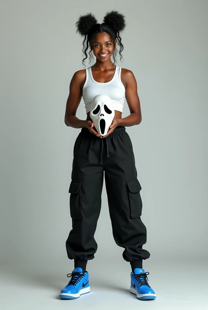 ((best quality)), ((masterpiece)), ((ultra detailed)), (smooth), (8K), portrait, 1 beautiful (Afro-polynesian) woman in her 20s, a bit masculine from an average woman, wearing white tank top with black baggy cargo pants and Universal blue AJ, wavy black hair with white strands that styled in half buns both side, has distinct eye color (left: forest green, right: ocean blue), ultra detailed and beautiful eyes, physic of an Air Force, smiling at the viewers, holding a ghost mask similar from Call Of Duty.