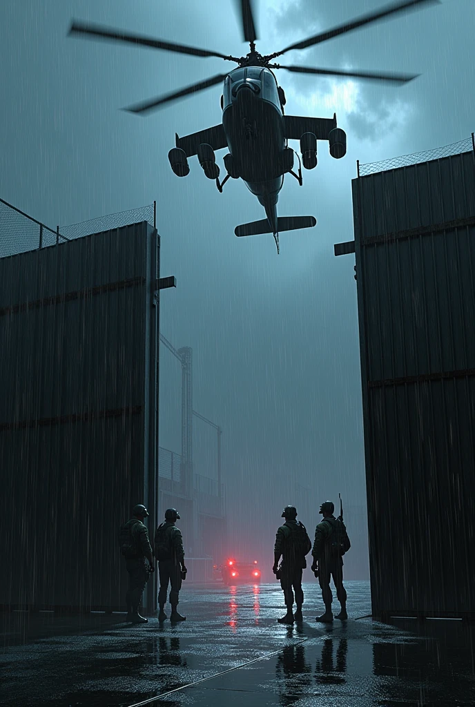 imagine a helicopter passing over a metal wall with a metal gate at night raining with soldiers at the bottom of the wall