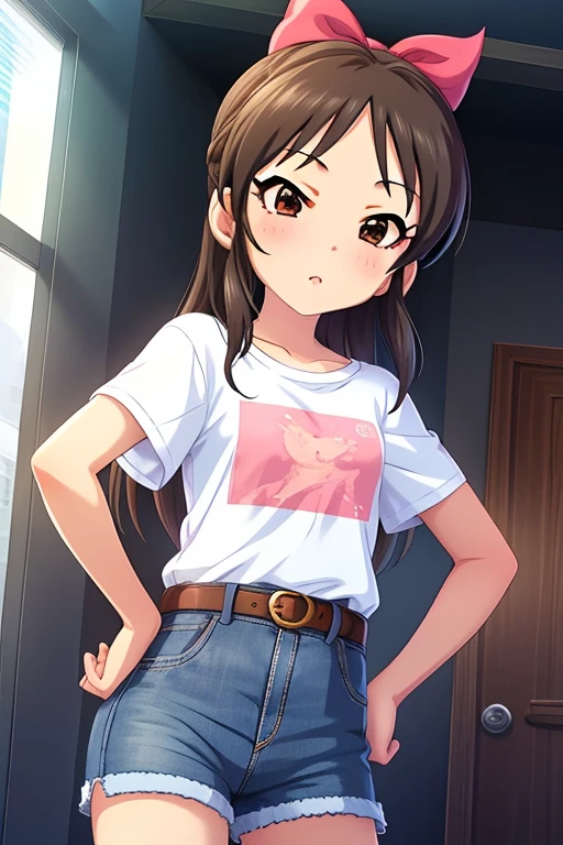 Tachibana Arisu, long hair, brown eyes, brown hair, bow, hair bow, blush, ribbon, looking at viewer, stand, hand own hips, white shirt, t-shirt, belt, denim shorts, shorts rolled,from behind