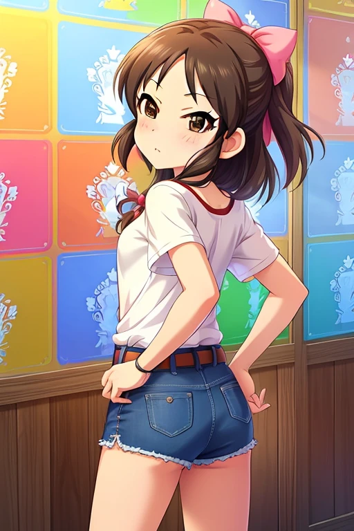 Hayasaka Mirei,purple hair,multicolored hair,fang,brown eyes,short hair,eyepatch,white shirt,Denim shorts,shorts rolled,belt,from behind,ass