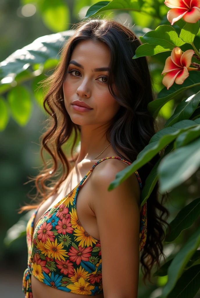 A Brazilian woman in a lush tropical garden, wearing an open shirt with a floral print, with a close-up capturing the harmonious beauty between her breasts and the natural flowers, showing off your natural charm and extroverted personality