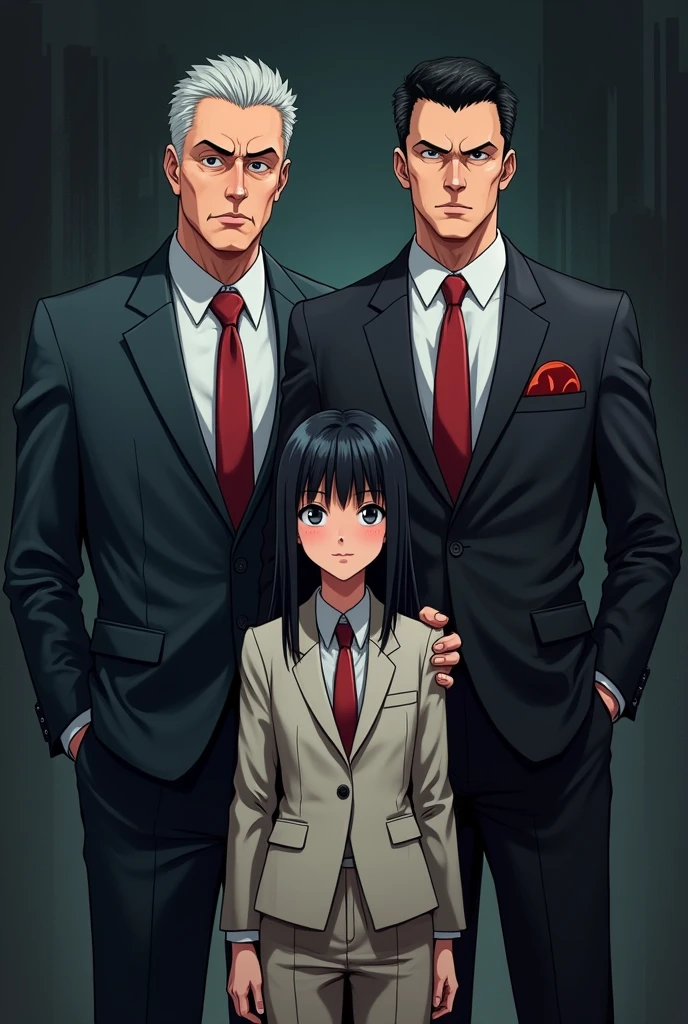 Anime style, mafia, family, mother, father, adult daughter, timid, black hair