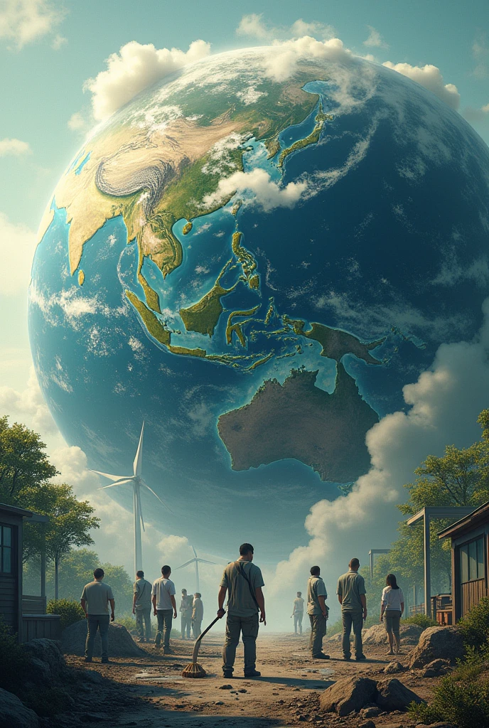 Planet Earth with pollution on top and humans helping to prevent it
