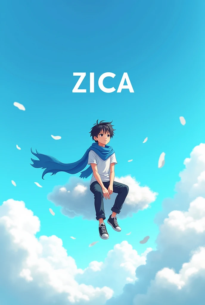 a adult boy sitting on clouds in the air wearing a blue scarf blue theme in anime STYLE and background text is ZICA