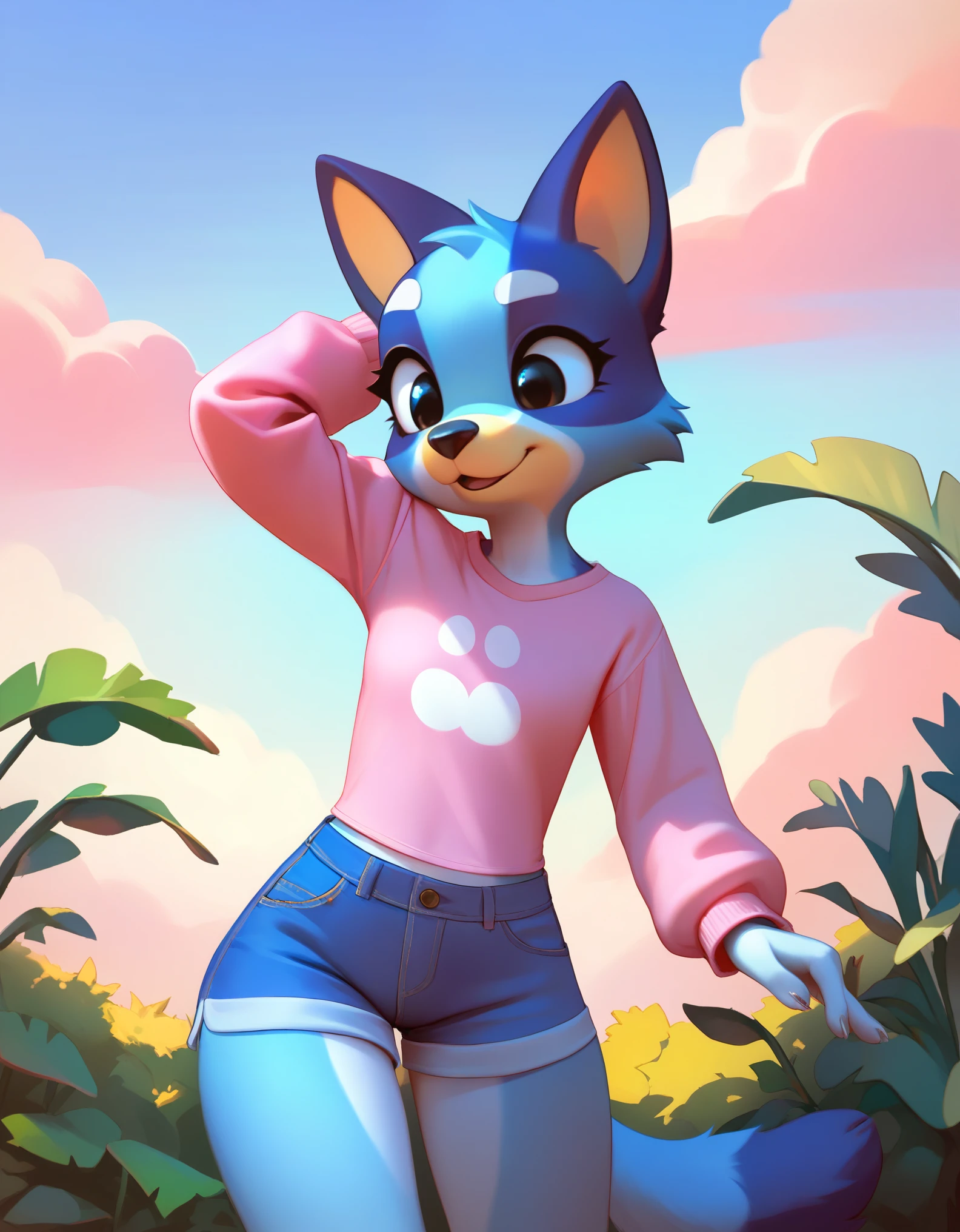 score_9, score_8_up, score_8, 1girl, source_cartoon, source_furry, blueyxl, bluey heeler, (boxchibi:0.2),  girl, cowboy shot, anthro, furry, tail, blue body, animal ears, flat shaded background, sky, day, cloud, blue sky, feminine, female, slender figure, slim body, detailed fur texture, cute outfit, blue shorts, pink shirt, long sleeve, 